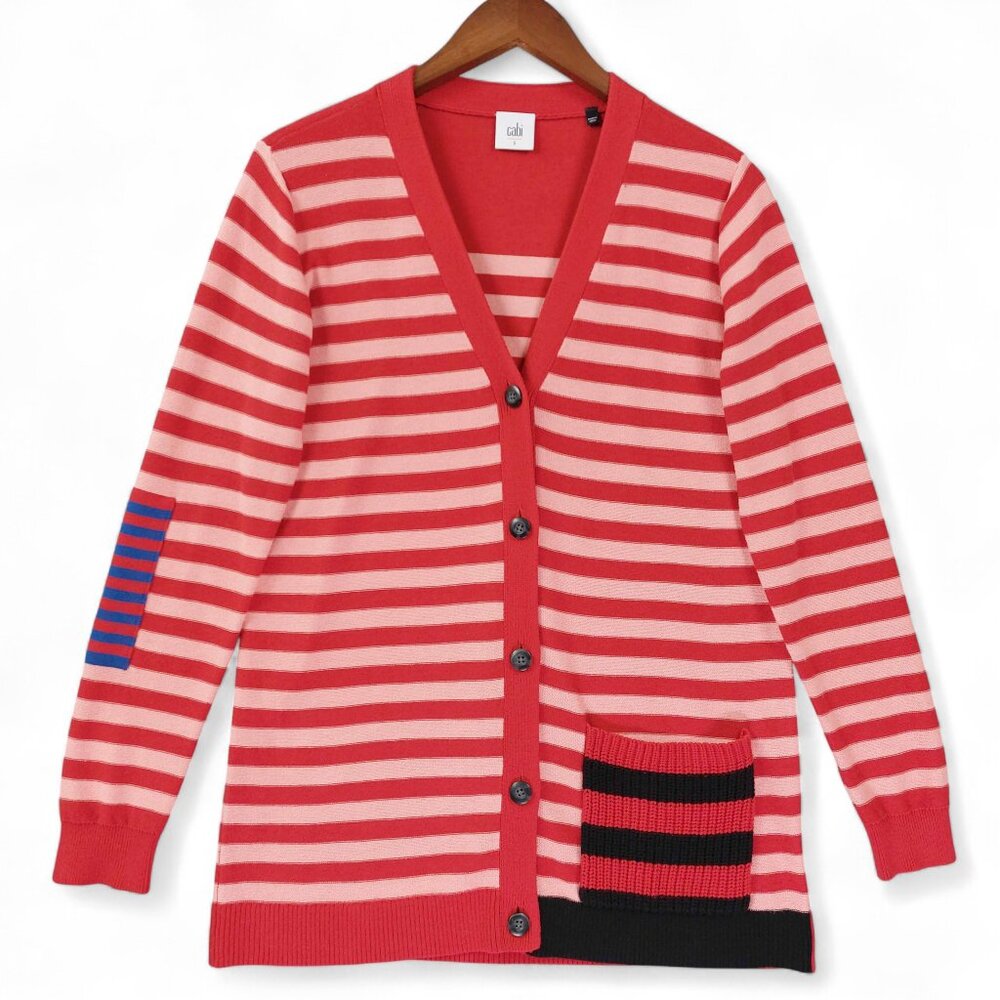 Cabi Cardigan Sweater Womens Sz S Red Pink Striped Button Front Style Quirky